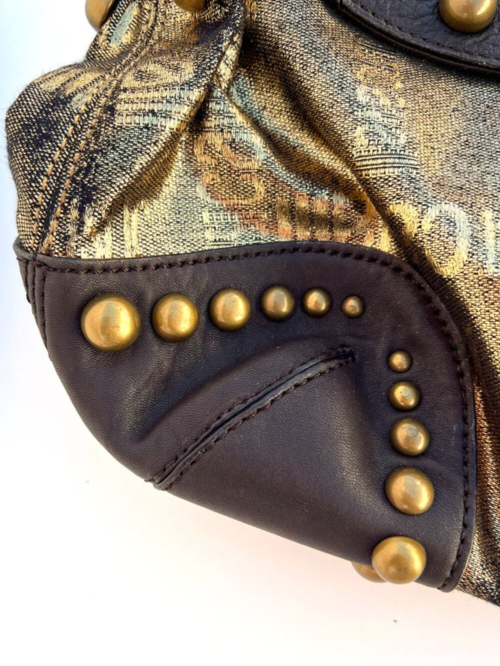 MINT CONDITION AUTHENTIC JUST CAVALLI GOLD BROCADE STUDS HOBO SHOULDER BAG - Picture 13 of 14